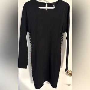 Hours Black Bodycon Mini‎ Dress Gold Ring Chain Detail Long Sleeve Stretch L